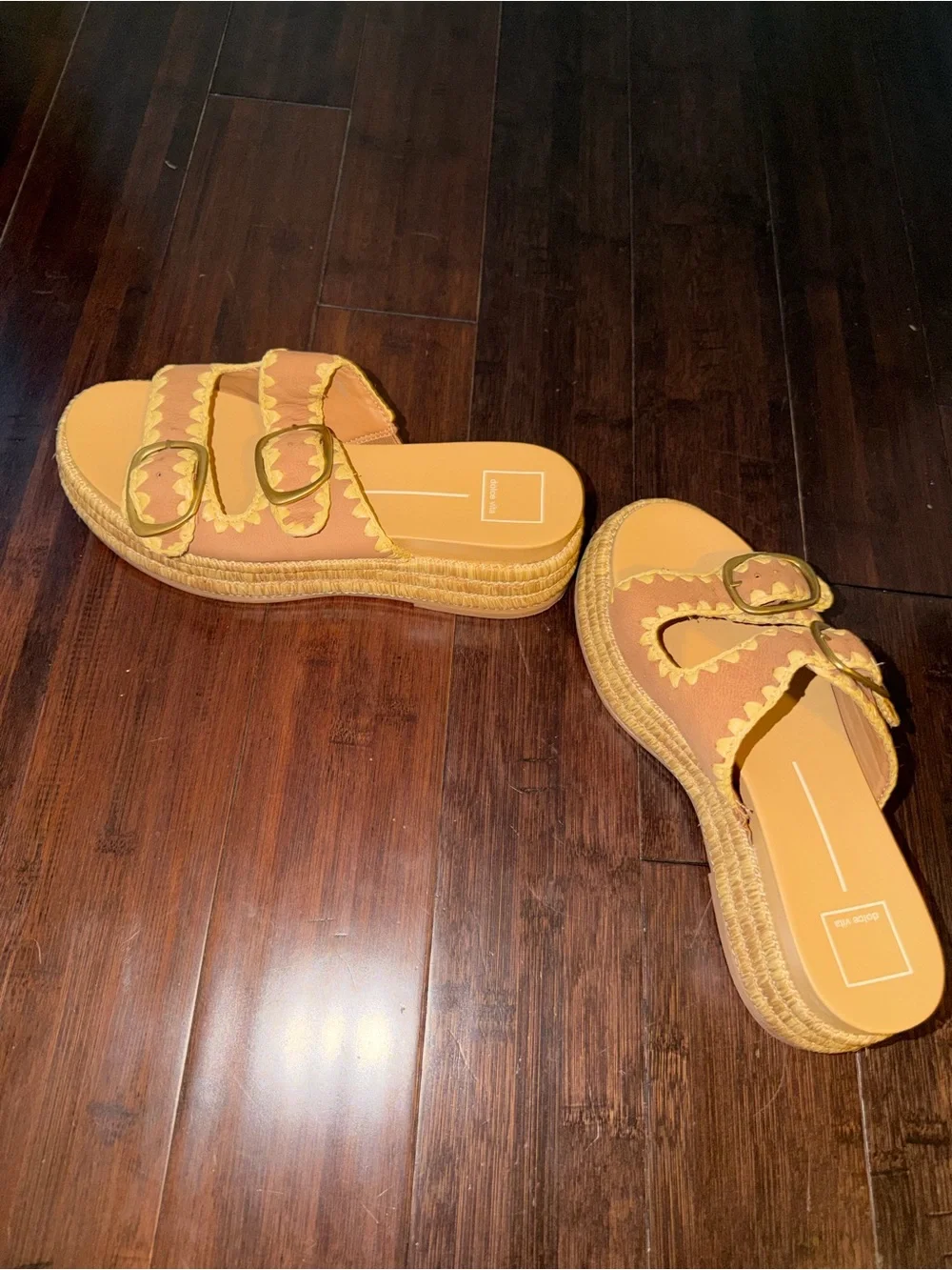 Dolce Vita Tan and Cream Double-Buckle Slide Sandals